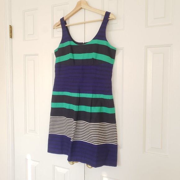 Loft Sleeveless Striped Blue Greed Dress - 6P Size - Picture 3 of 13